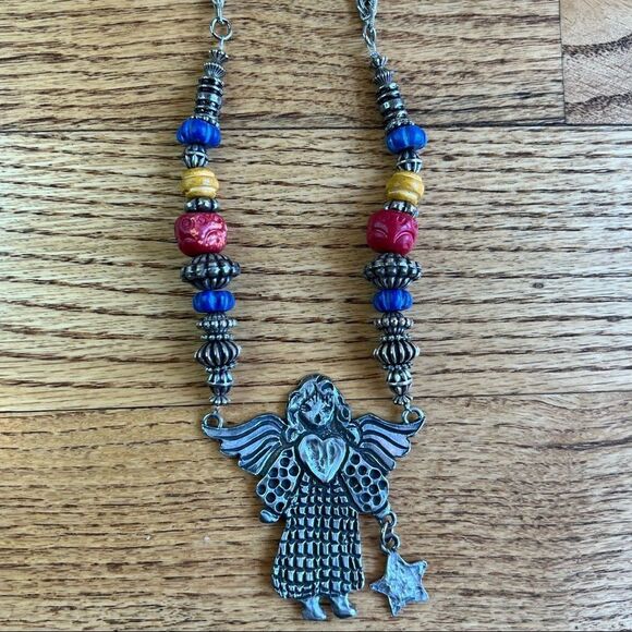 Rare Vintage Marcie USA Designer Hammered Pewter Angel Pendant Necklace Beads - Picture 2 of 7
